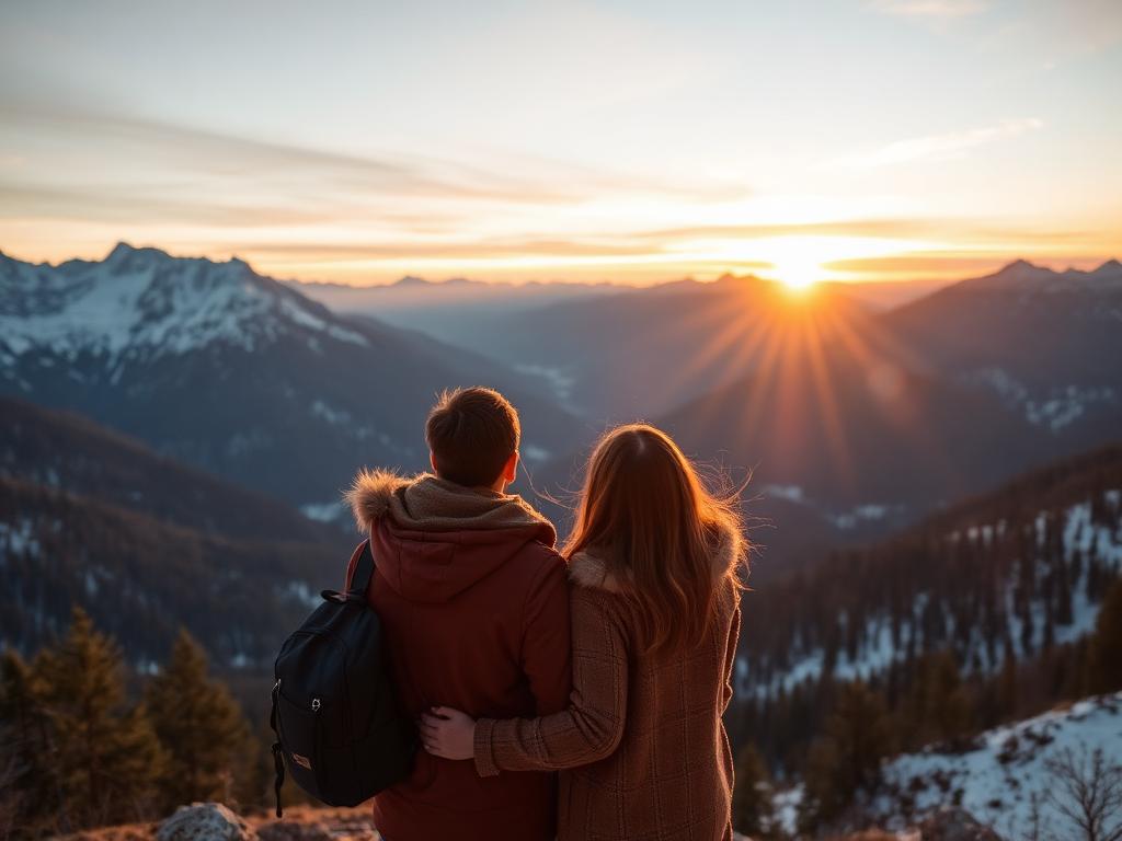 Honeymoon couple watching mountain sunrise